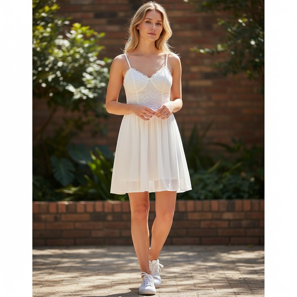 Sweetheart White Lace Smocked Back Mini Dress Medium Cottage Fairy Cowgirl‎ Lace